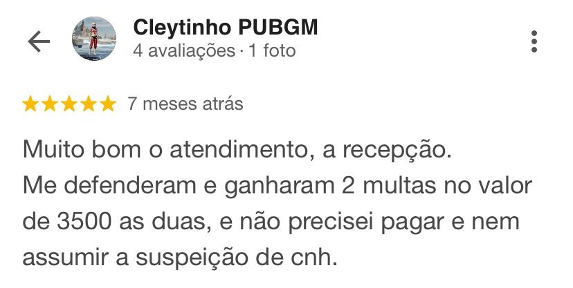 Avaliação 5 estrelas de Cleytinho no Google para o Anti Multas