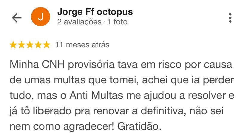 Avaliação 5 estrelas de Jorge Ff octopus no Google para o Anti Multas